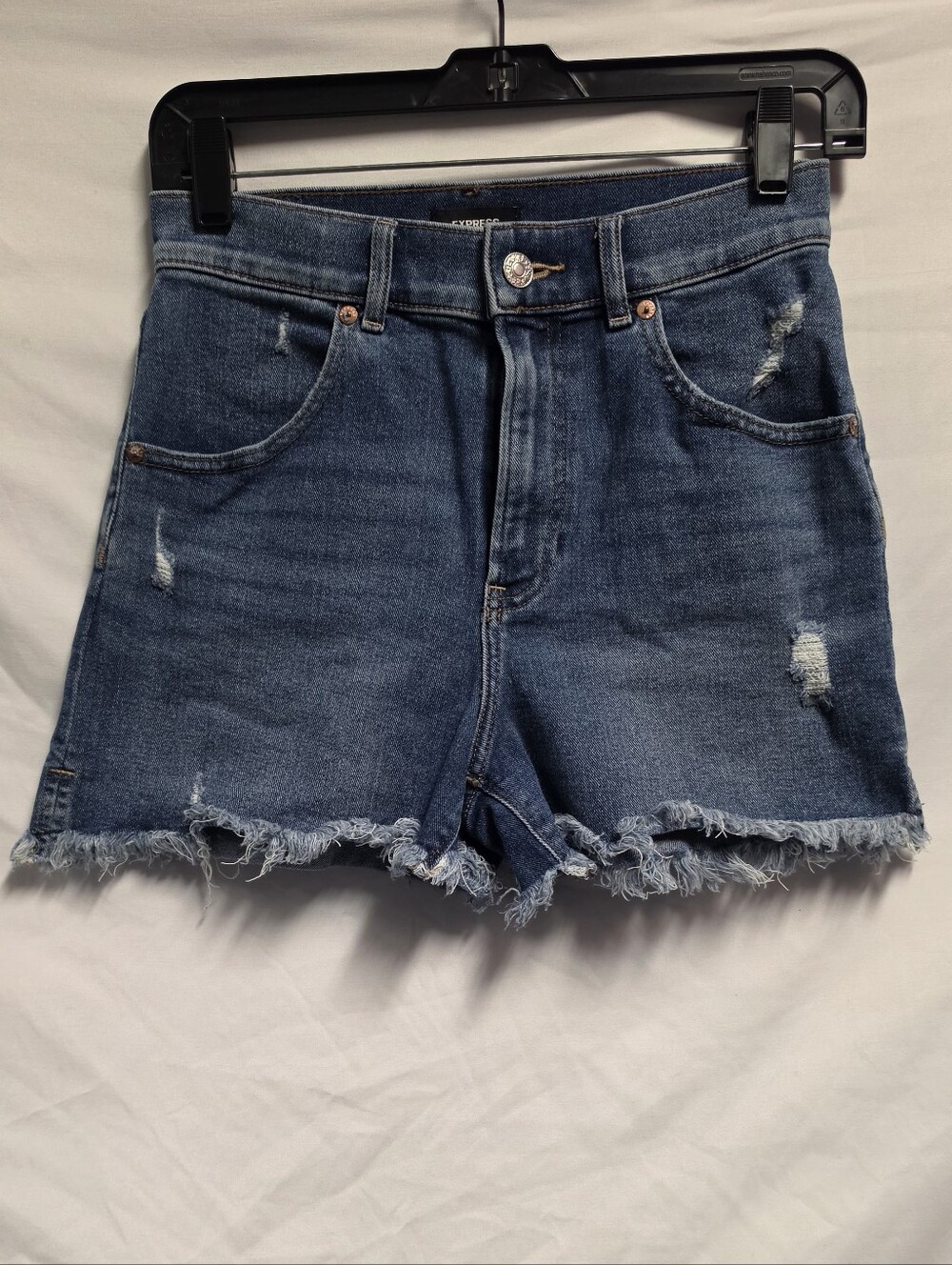 Express Distressed Mid-Rise Denim Shorts - Blue